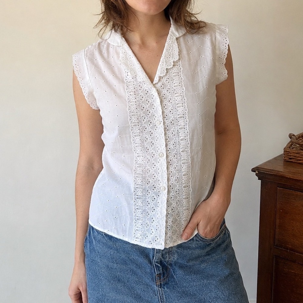 Vintage 60s Prairie Top Womens M White Eyelet Cottagecore Boho Romantic Dollette